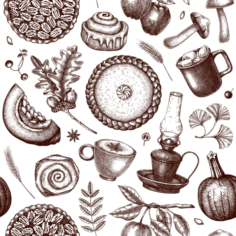 Autumn seamless pattern. Hand-drawn vector illustration. Pumpkin, hot drink, fruit, pie, pastry, fall leaves sketches. Vintage Thanksgiving background